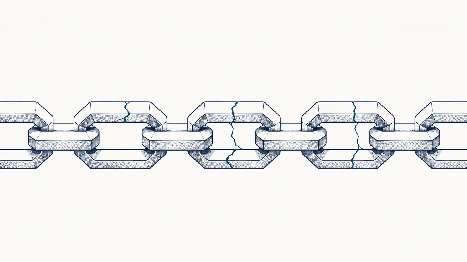 Ilustração editorial: corrente de elos com três deles trincados — falhas em controles